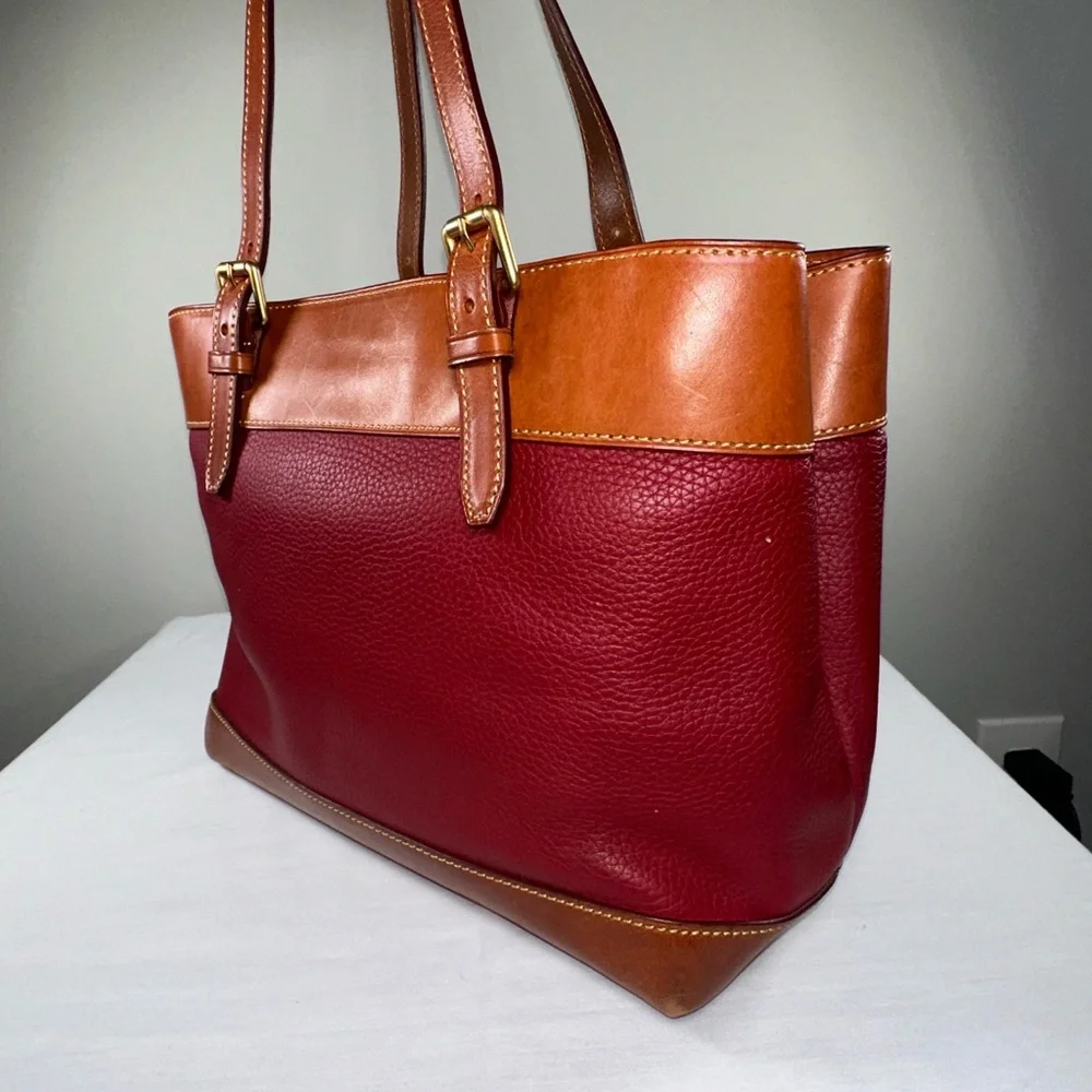 Dooney & Bourke Everyday Tote Burgundy Pebble Leather Tan Natural Patina Trim